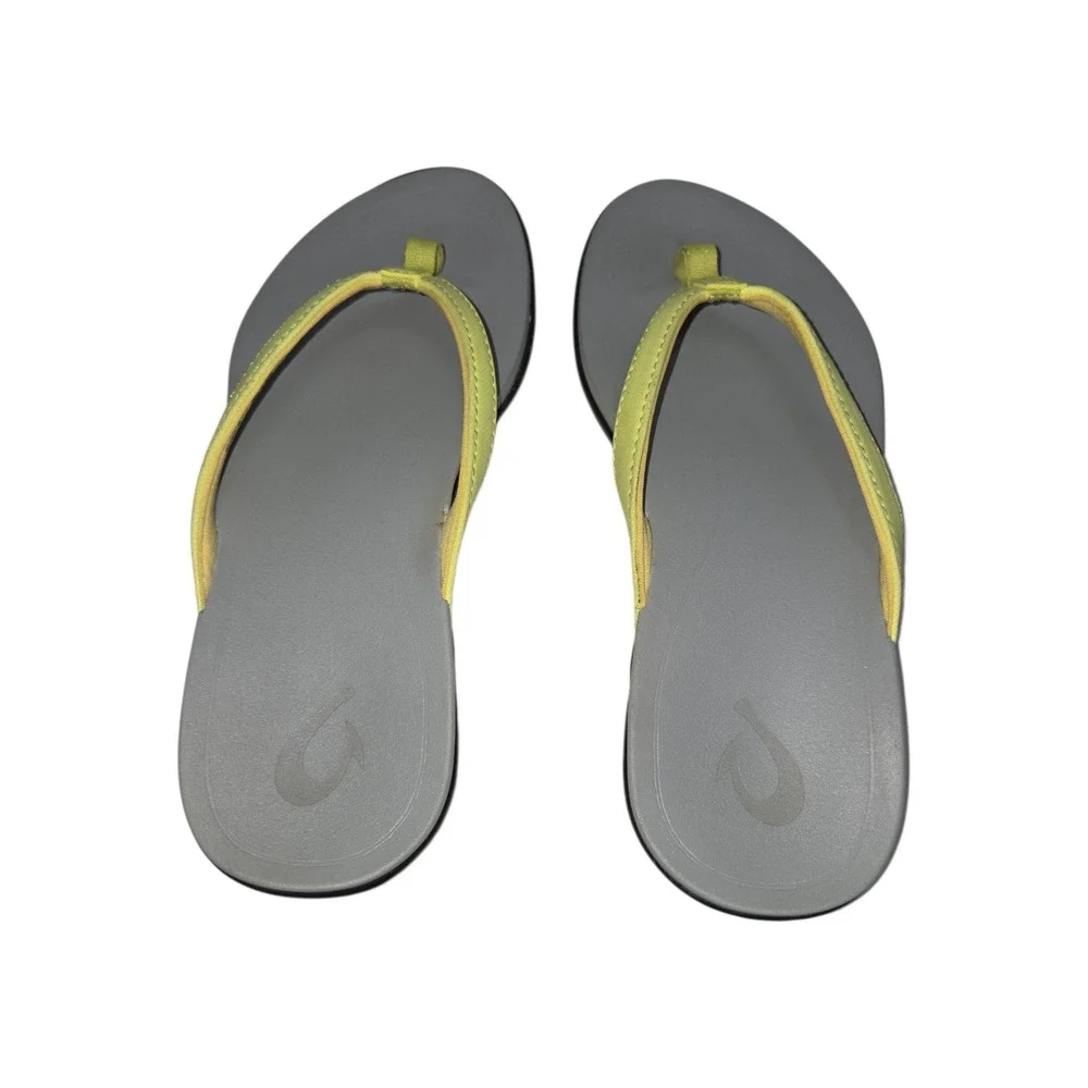 OluKai Ho'opio Womens Flip Flops Grey Yellow Sandals 20294-PZPG Size 7